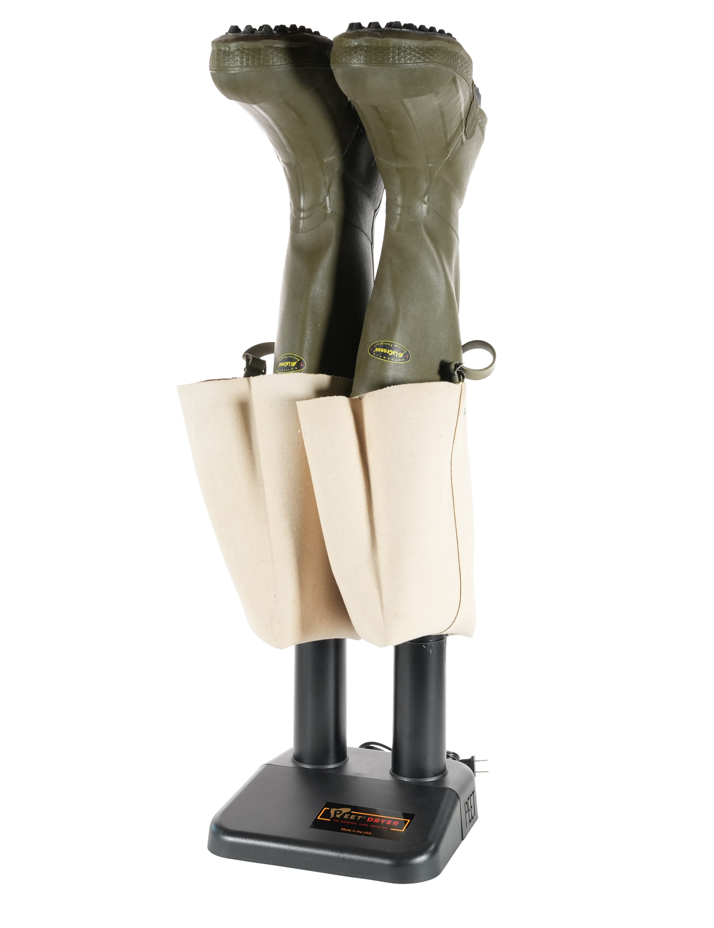 A pair of olive green wader boots inserted onto a black boot dryer shown against a plain white background.
