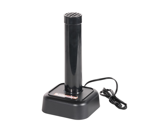 A black electric safe dehumidifier with a cylindrical neck and square base, shown with its power cord on a plain white background.