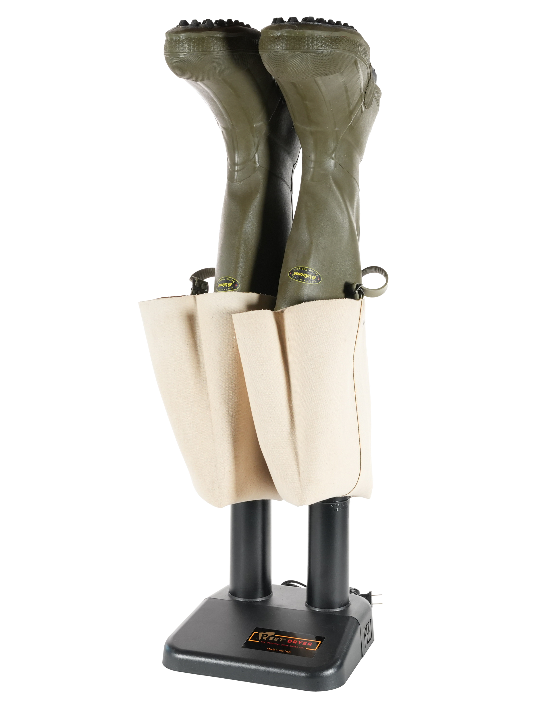 A pair of olive green wader boots inserted onto a black boot dryer shown against a plain white background.