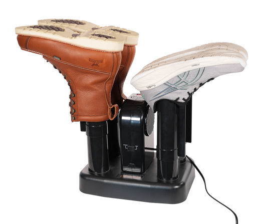Shoe dryer with multiple ports with a pair of brown leather boots and white shoes on a white background