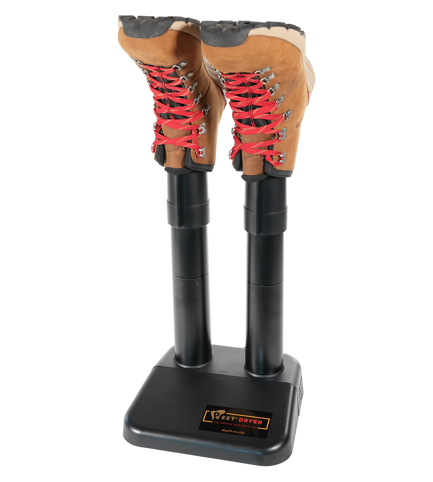 hiking boots drying on boot dryer rack with fan