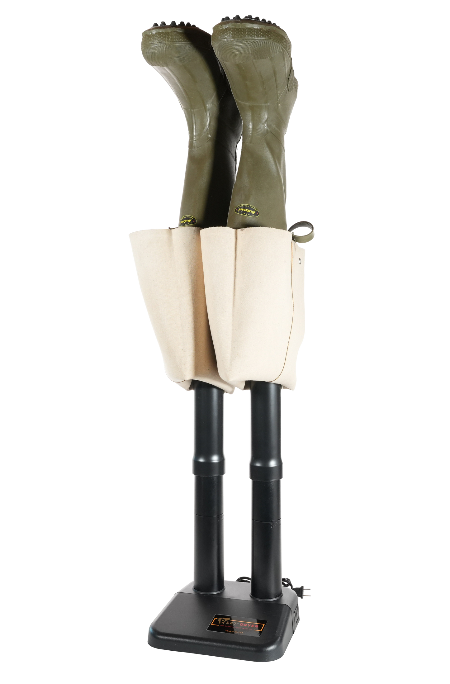 A pair of olive green wader hip boots inserted onto an extra tall black boot dryer shown against a plain white background.
