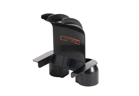A black plastic helmet dryer part isolated on a white background.