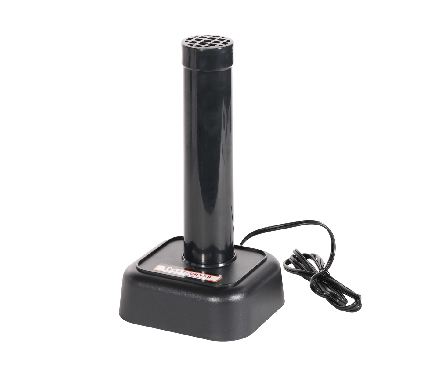 A black electric safe dehumidifier with a cylindrical neck and square base, shown with its power cord on a plain white background.