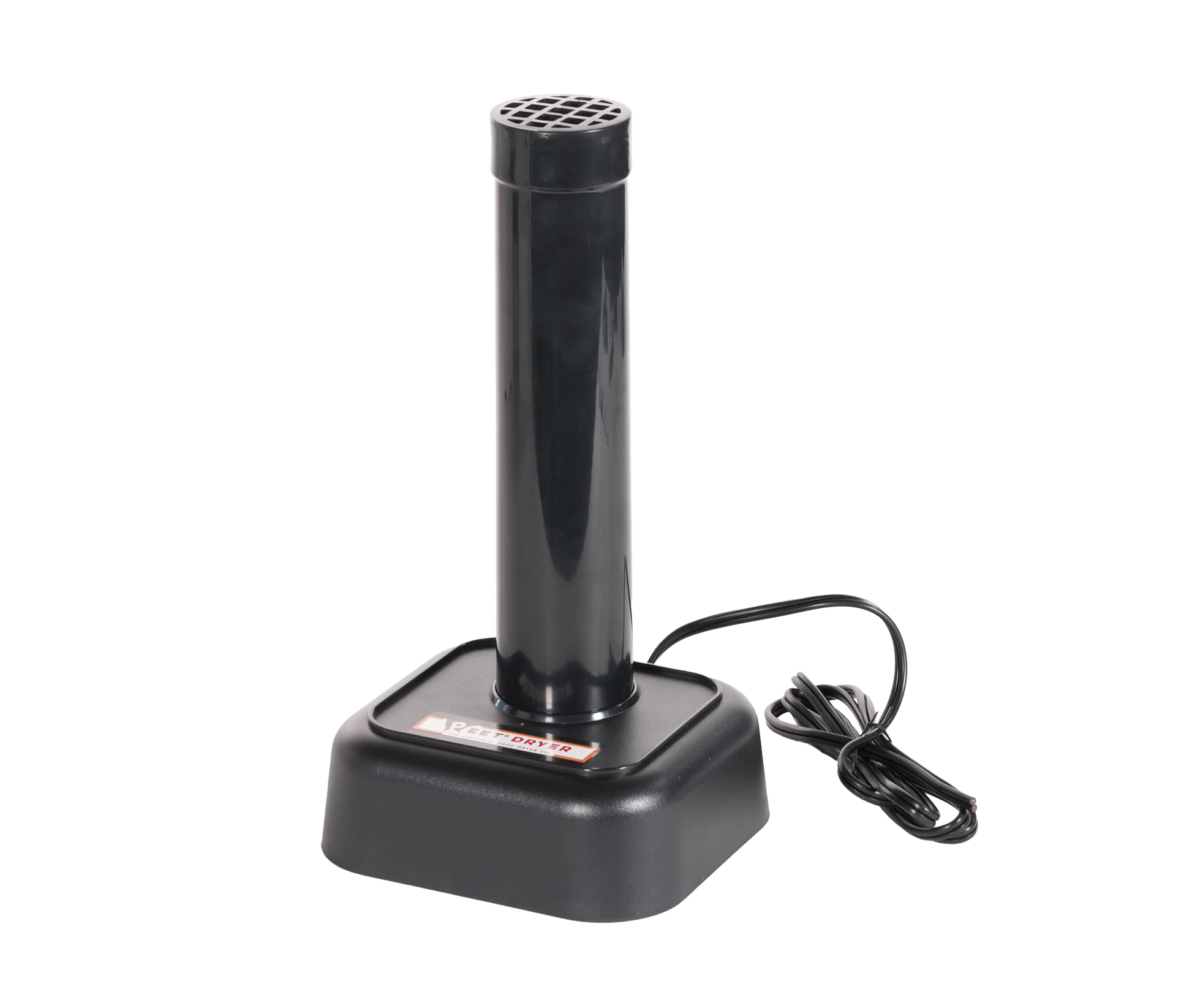 A black electric safe dehumidifier with a cylindrical neck and square base, shown with its power cord on a plain white background.
