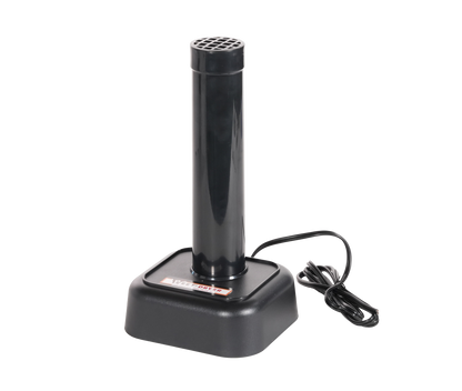 A black electric safe dehumidifier with a cylindrical neck and square base, shown with its power cord on a plain white background.